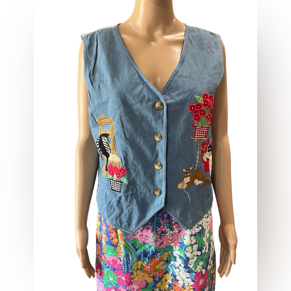 Cat lover denim Vest applique embroidered red flowers floral design-NOS vintage